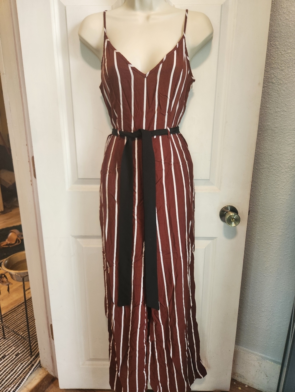 Forever 21 Brown and White Striped Spaghetti Strap Jumpsuit